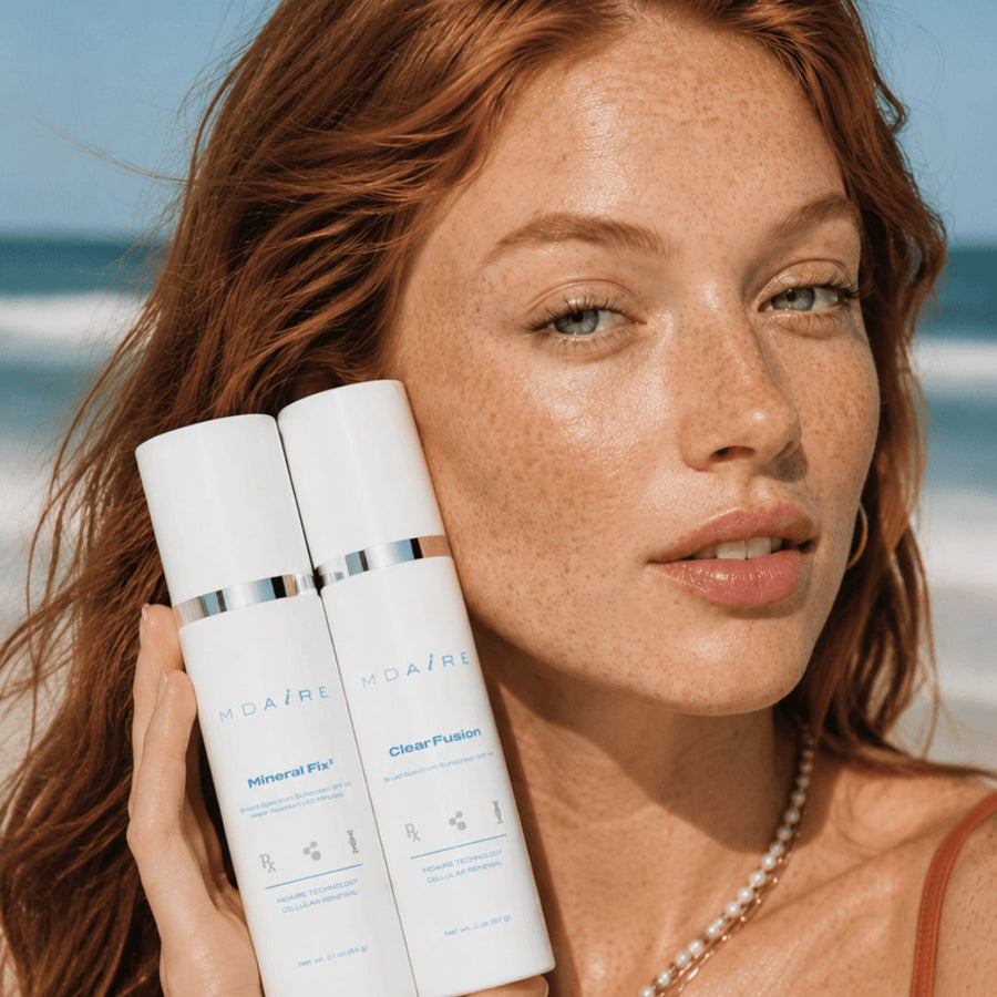 MDAiRE summer sunscreen promo — model holding Mineral Fix and Clear Fusion at the beach